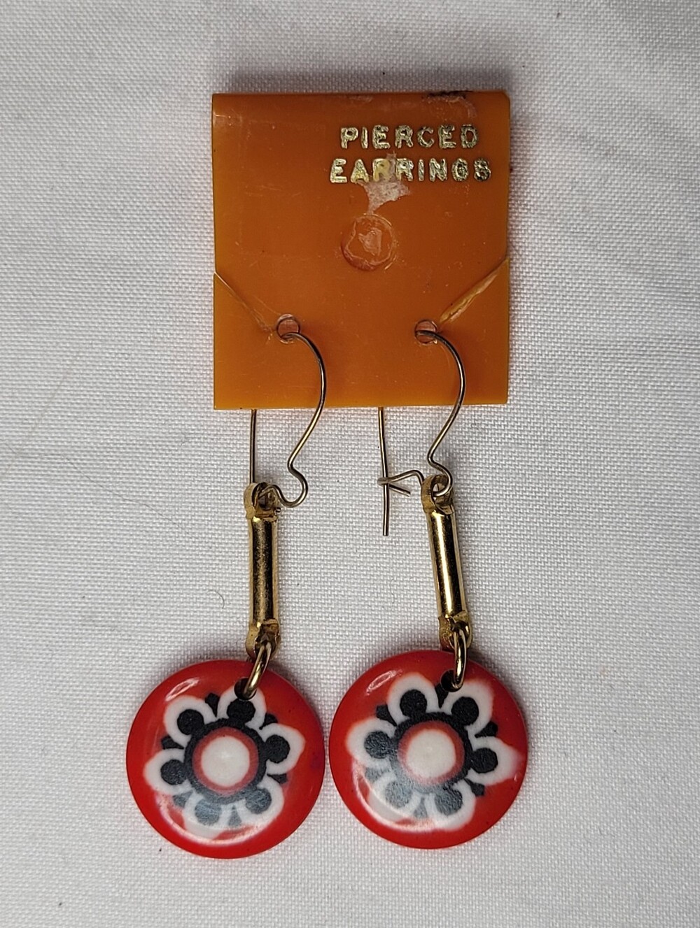Vintage Millefiori Dangle Earrings Red White Floral Mosaic EUC
